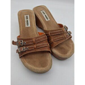 VTG Y2K Steve Madden Brat Brown Leather Wood Wedge Heels Slide Sandals 8B Hippie